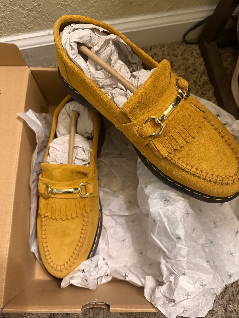 Dr. Martens Mustard Suede Fringe Loafers with Gold Bit